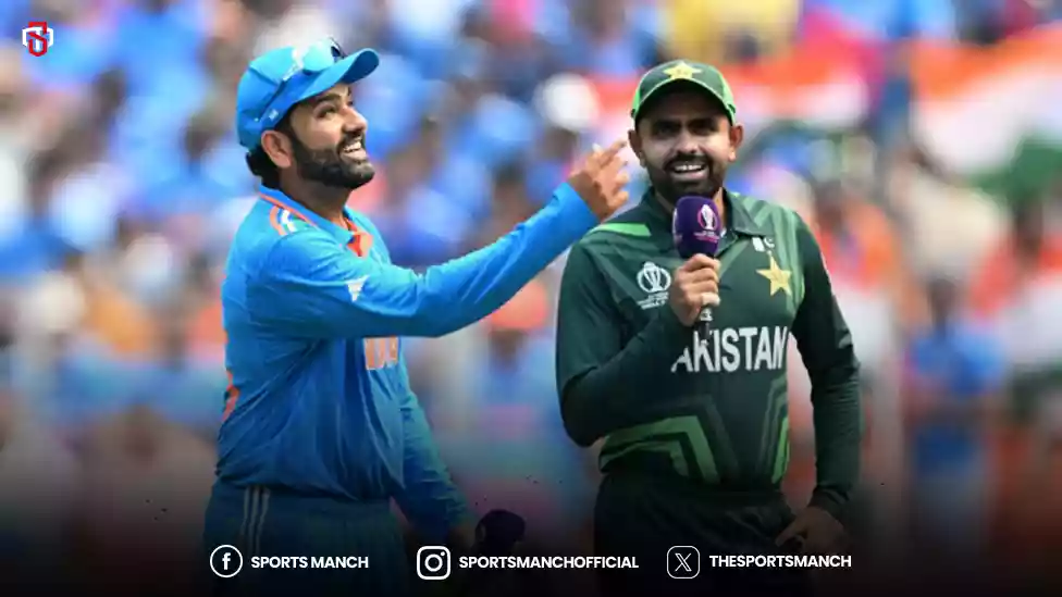This Photo shows former captain of Pakistan Babar Azam right and India team captain Rohit Sharma