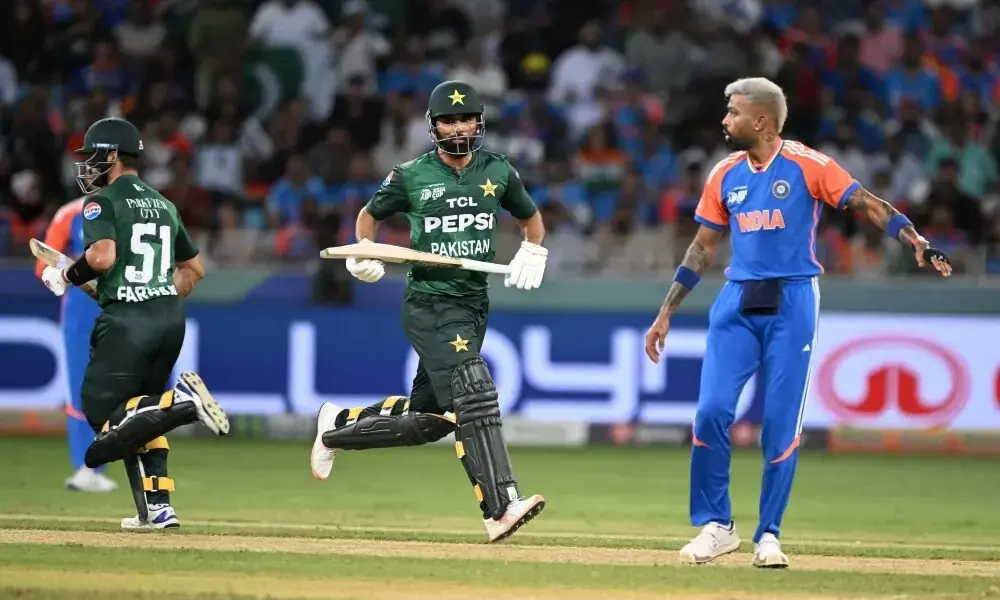 Pakistani cricketers Fakhar Zaman Sahibzada Farhan and India's Hardik Pandya during Asia Cup 2025 match