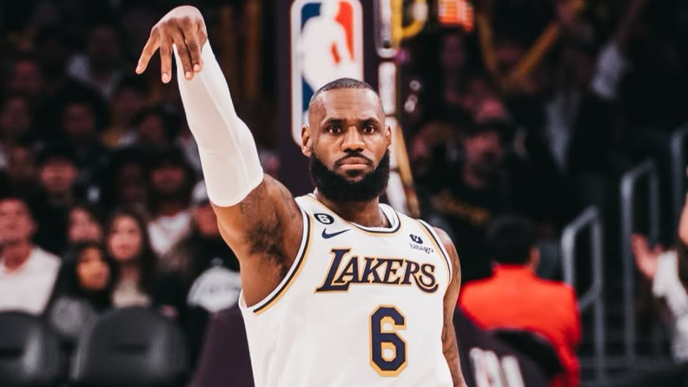 NBA star LeBron James reacting during a match